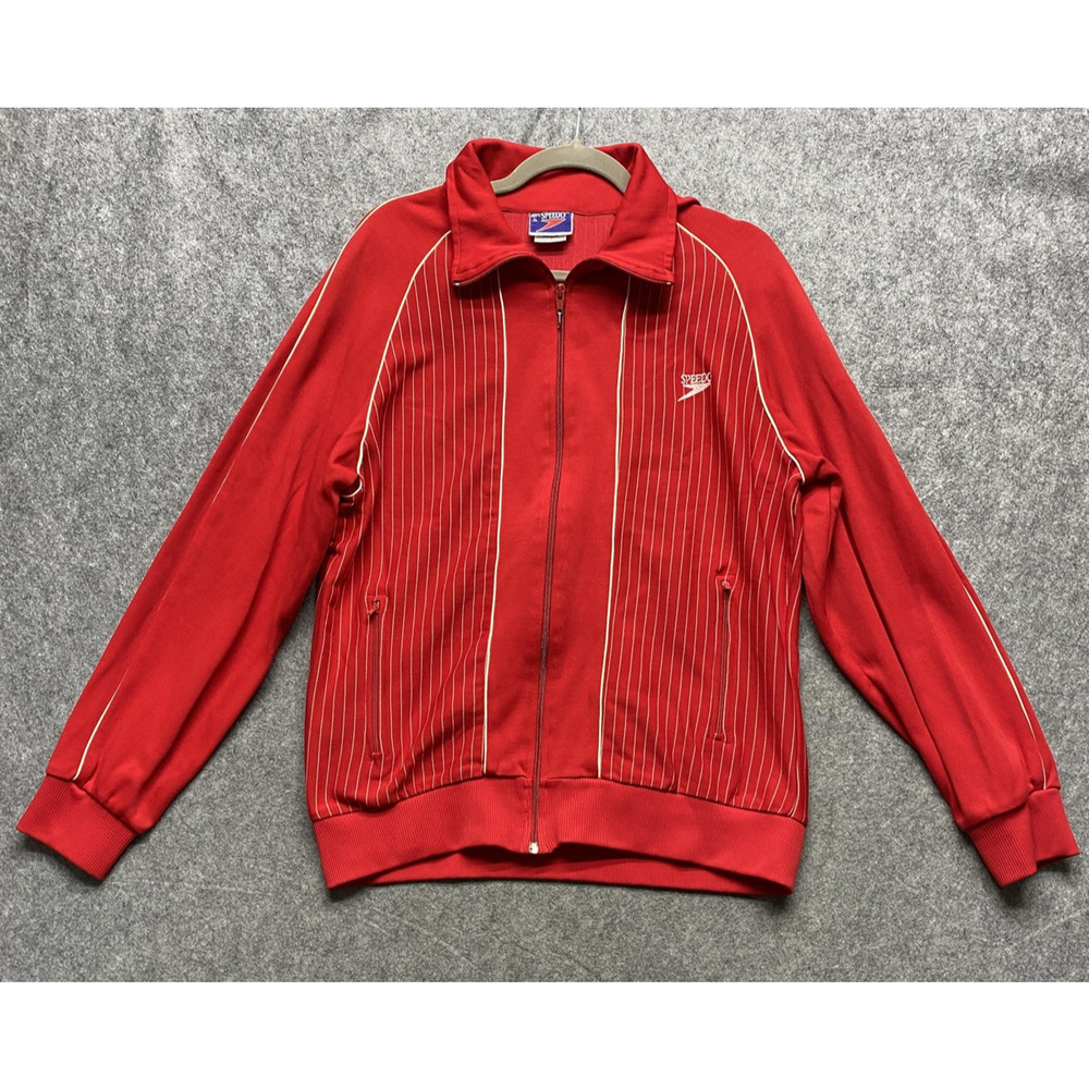 Vintage Speedo Jacket Mens XL Red Pinstripe Track Full Zip Athletic Retro 80s